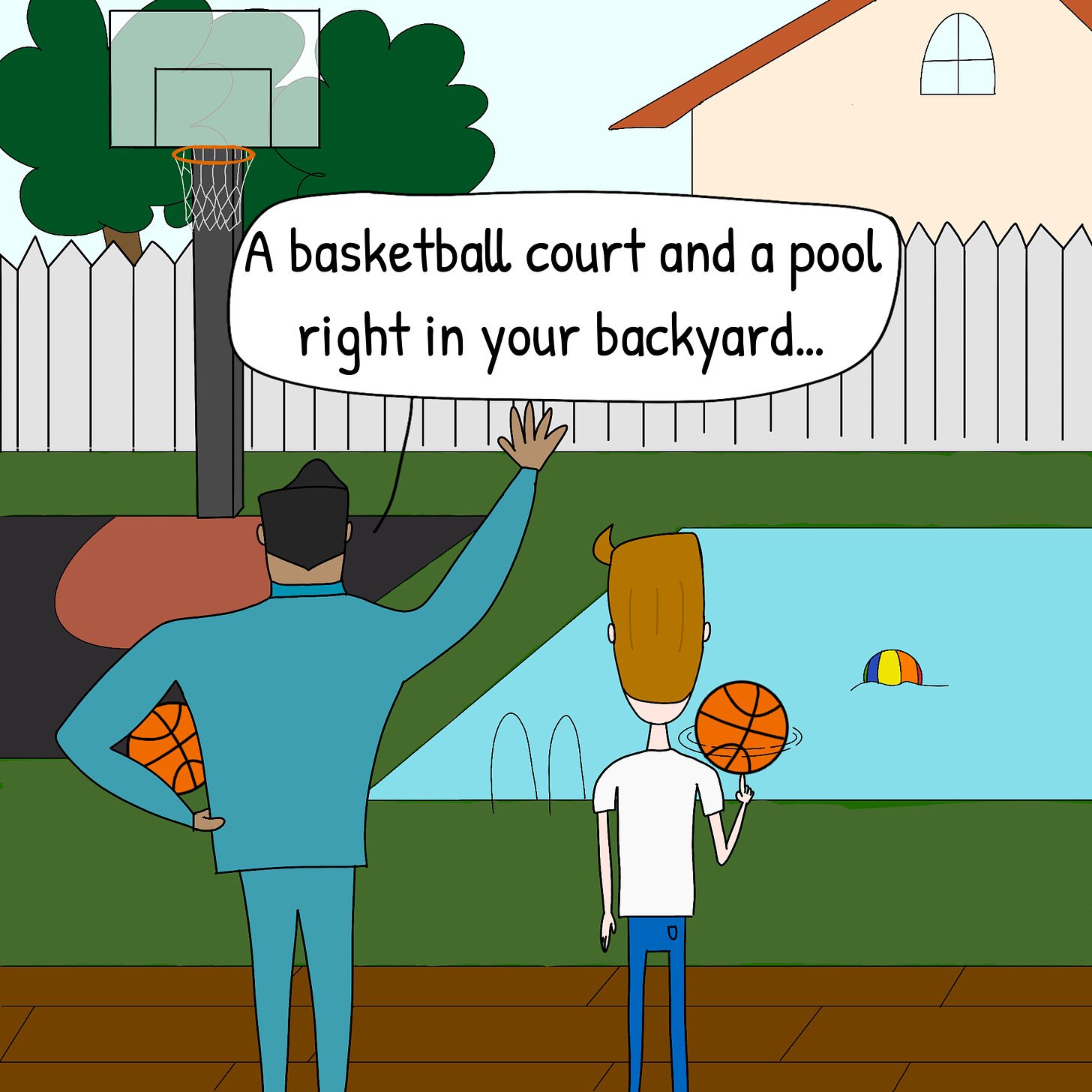 Panel 3: The realtor shows Vic the backyard and continues by saying "A basketball court and a pool right in your backyard..."