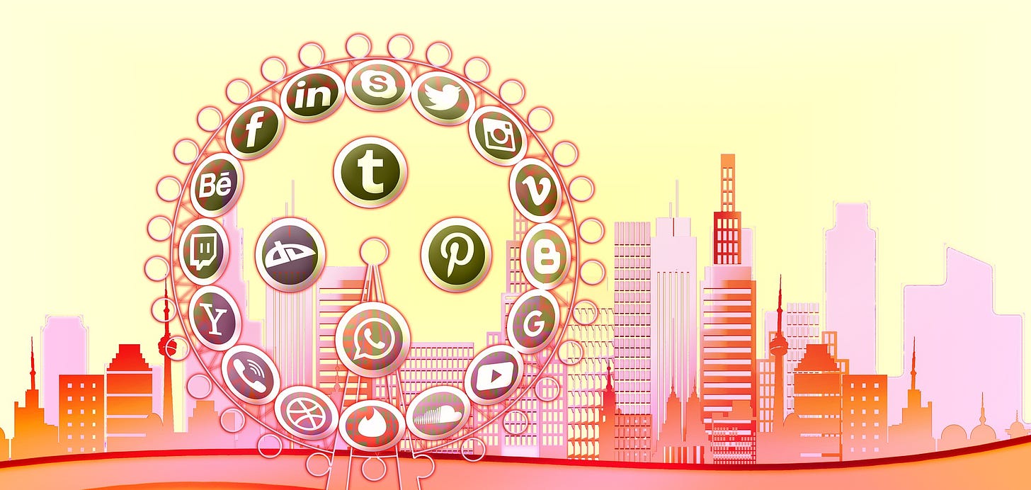 A cartoon drawing featuring a city skyline in the background and a ferris wheel in the foreground. On the ferris wheel, where the seats would expected to be, there are icons representing various media platforms: Twitter, Skype, WhatsApp, LinkedIn, Yahoo!, Google, Instagram, Vimeo, YouTube, etc.