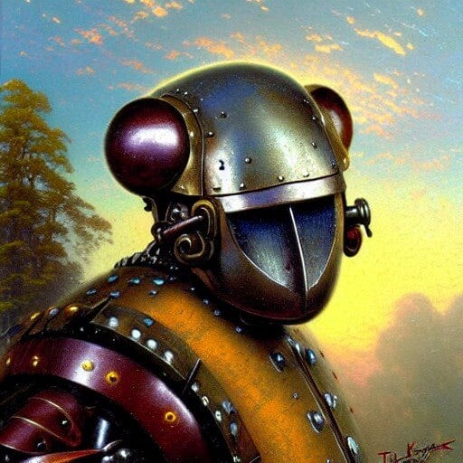 AI-generated image based on prompt: Portrait of an iron robotic koala warrior in a helmet by Thomas Kinkade