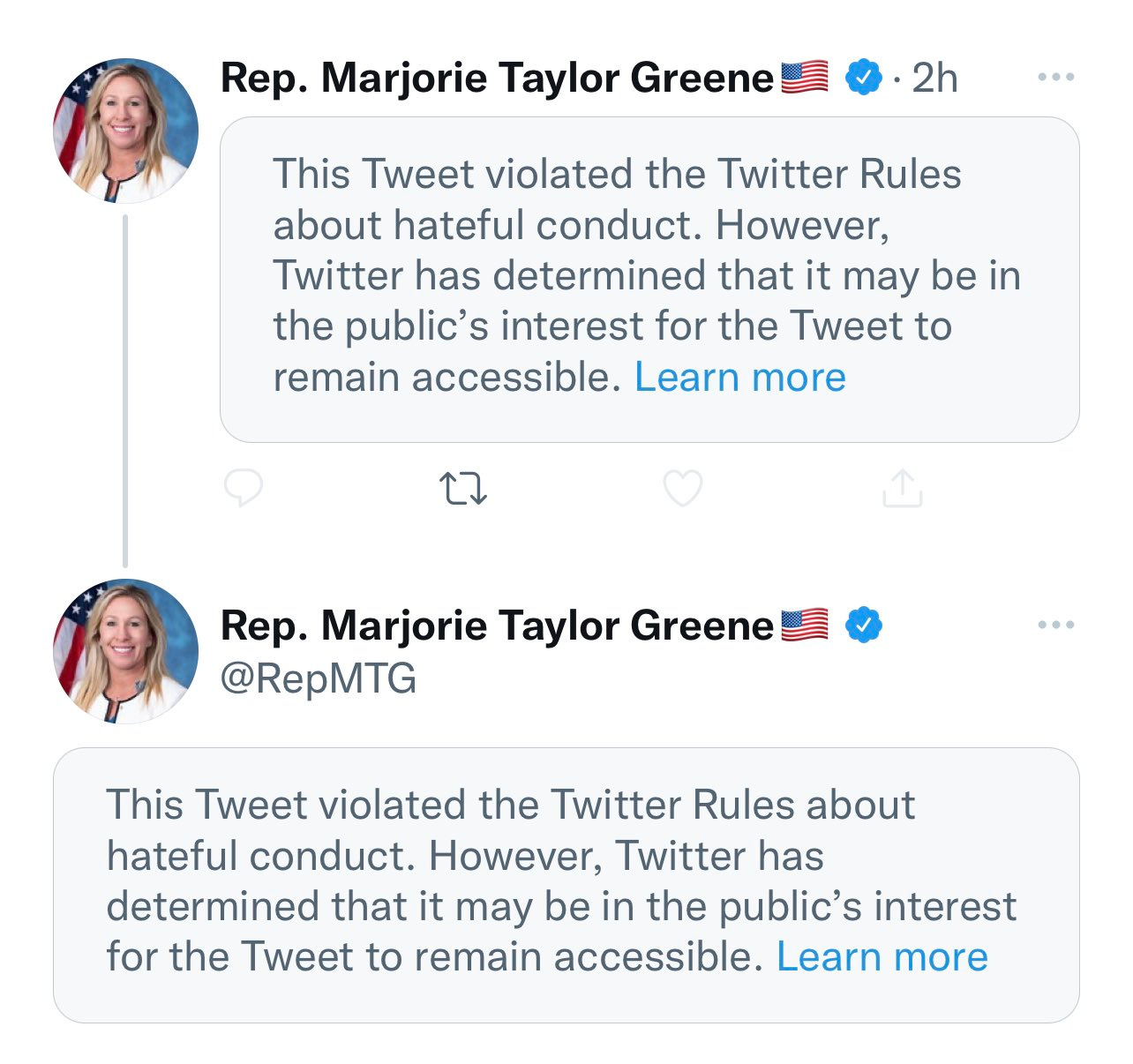 Screenshot showing Marjorie Taylor Greene tweets with Twitter 'screen' over them saying they violate the rules on hateful conduct