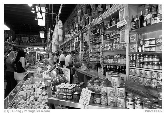 Black and White Picture/Photo: Italian grocery store interior with  customers, Little Italy, North Beach. San Francisco, California, USA