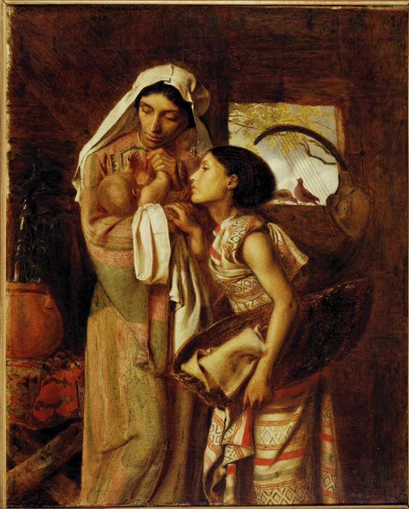 Painting of ancient near eastern-ish mother holding her baby with an older child looking on 