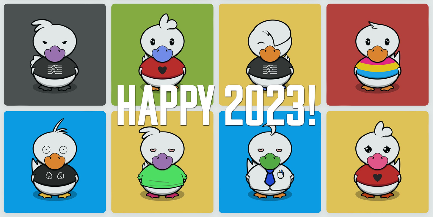 A bunch of Dastardly Ducks with "Happy 2023!" overlaid