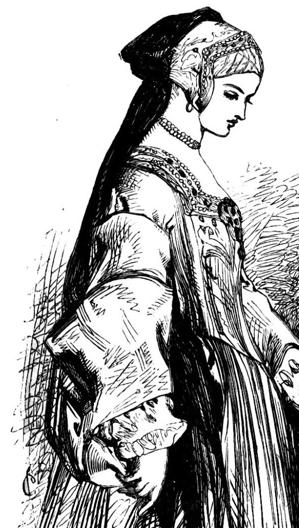 A black and white sketch of a woman wearing 15th century clothes and a headdress. She looks pensively downwards. 