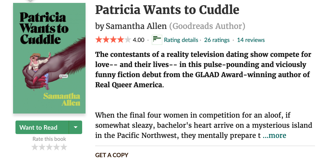 The user reviews for Patricia Wants to Cuddle showing a respectable four-star average!