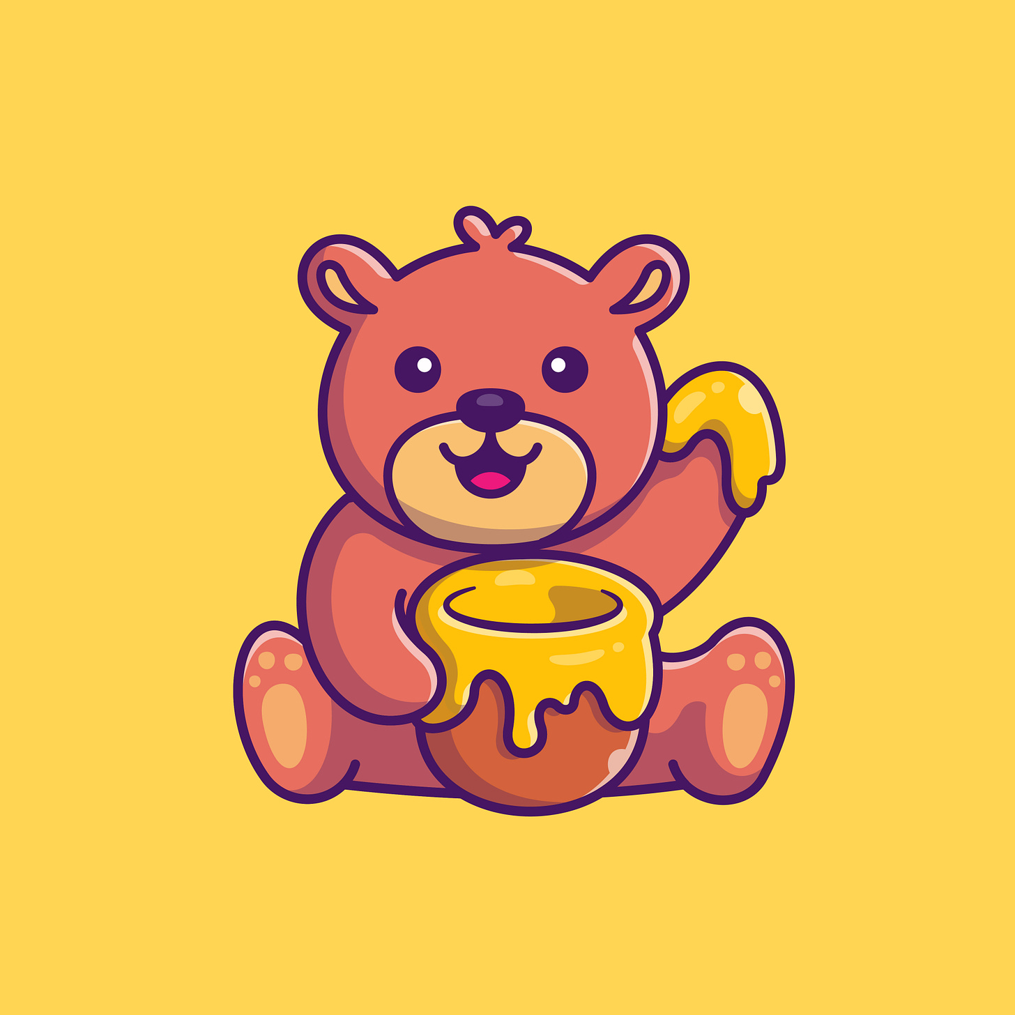 Cartoon image of a cute bear, his paw covered in honey, waving with a smile.