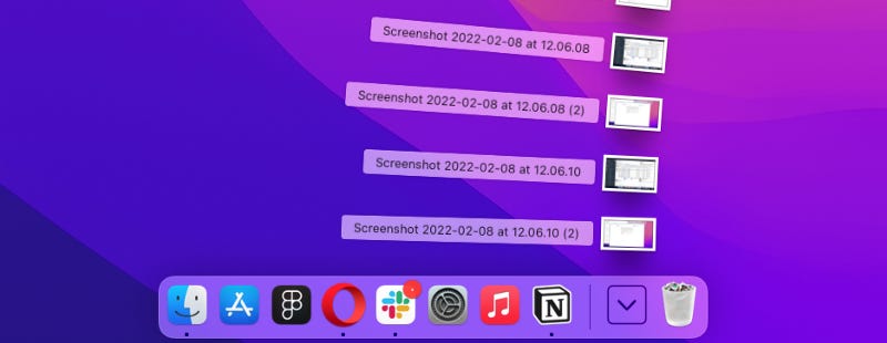 The MacOS Dock with screenshots fanning up from the dock.