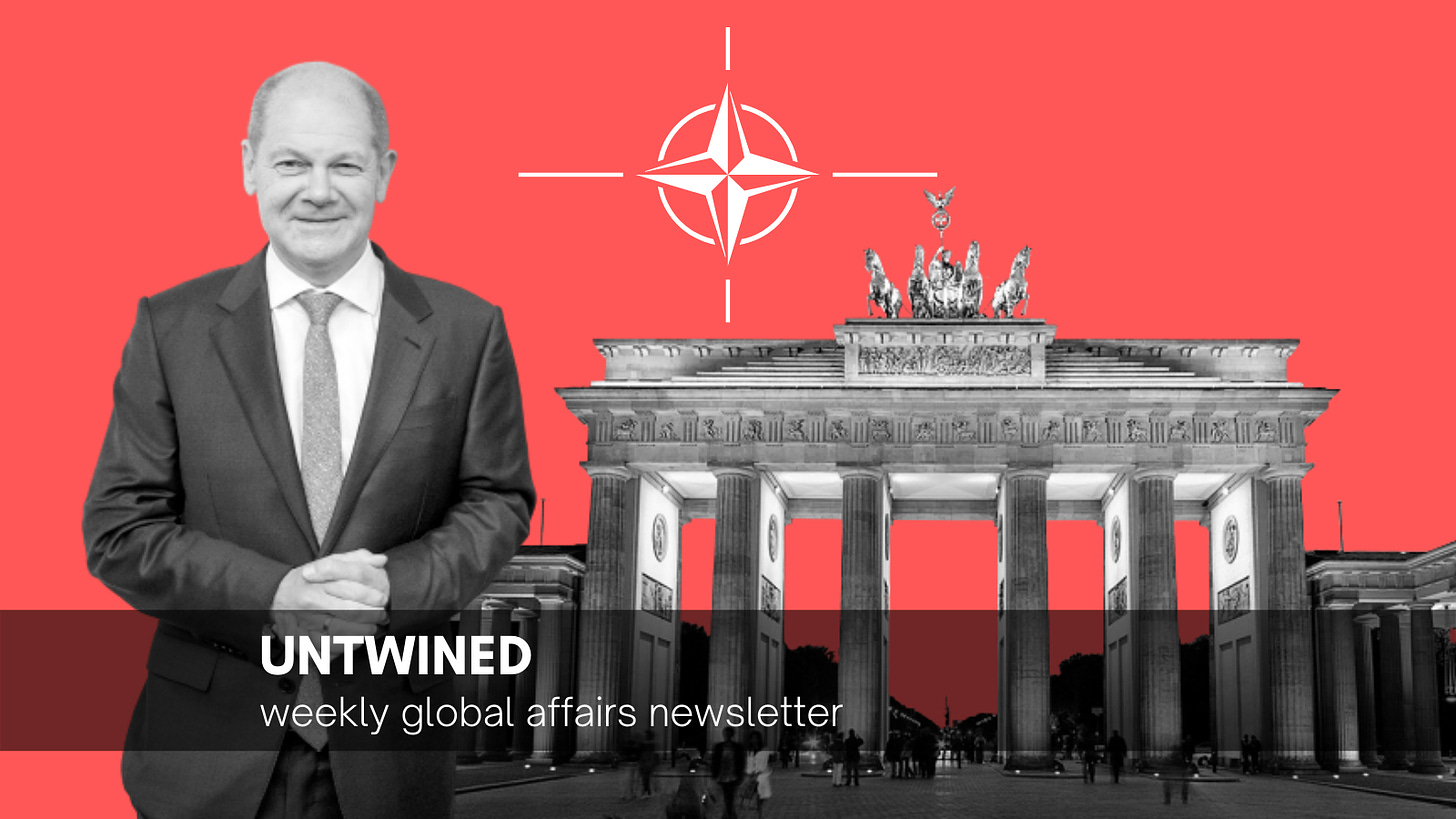German Chancellor Olaf Scholz, Berlin’s Brandenburg Gate and the NATO logo (Original images: Thomas Wolf, www.foto-tw.de, CC BY-SA 3.0, via Wikimedia Commons and Twitter/@OlafScholz) (Images modified for collage)
