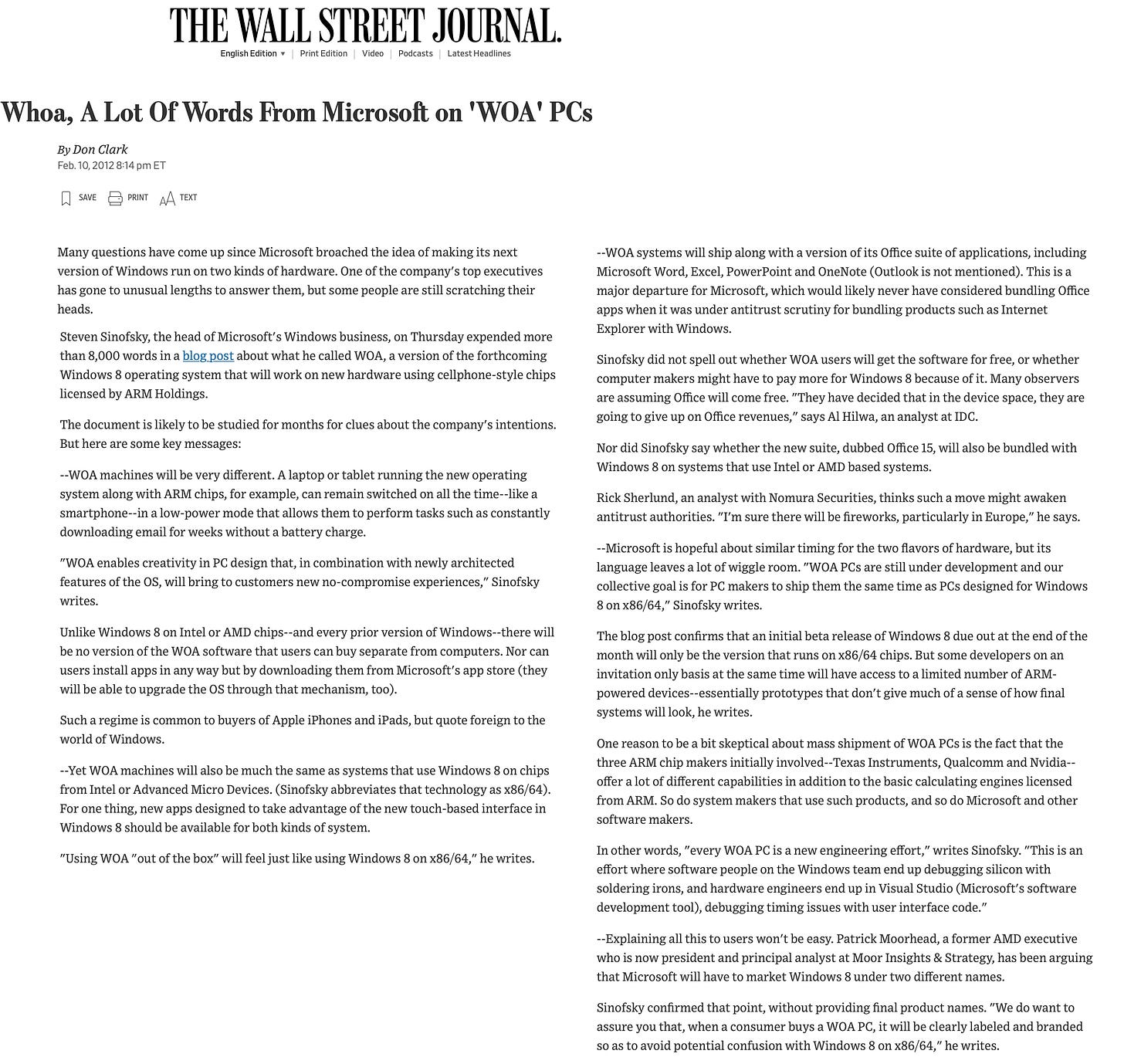 Wall Street Journal headline "Whoa, A Lot Of Words From Microsoft on 'WOA' PCs