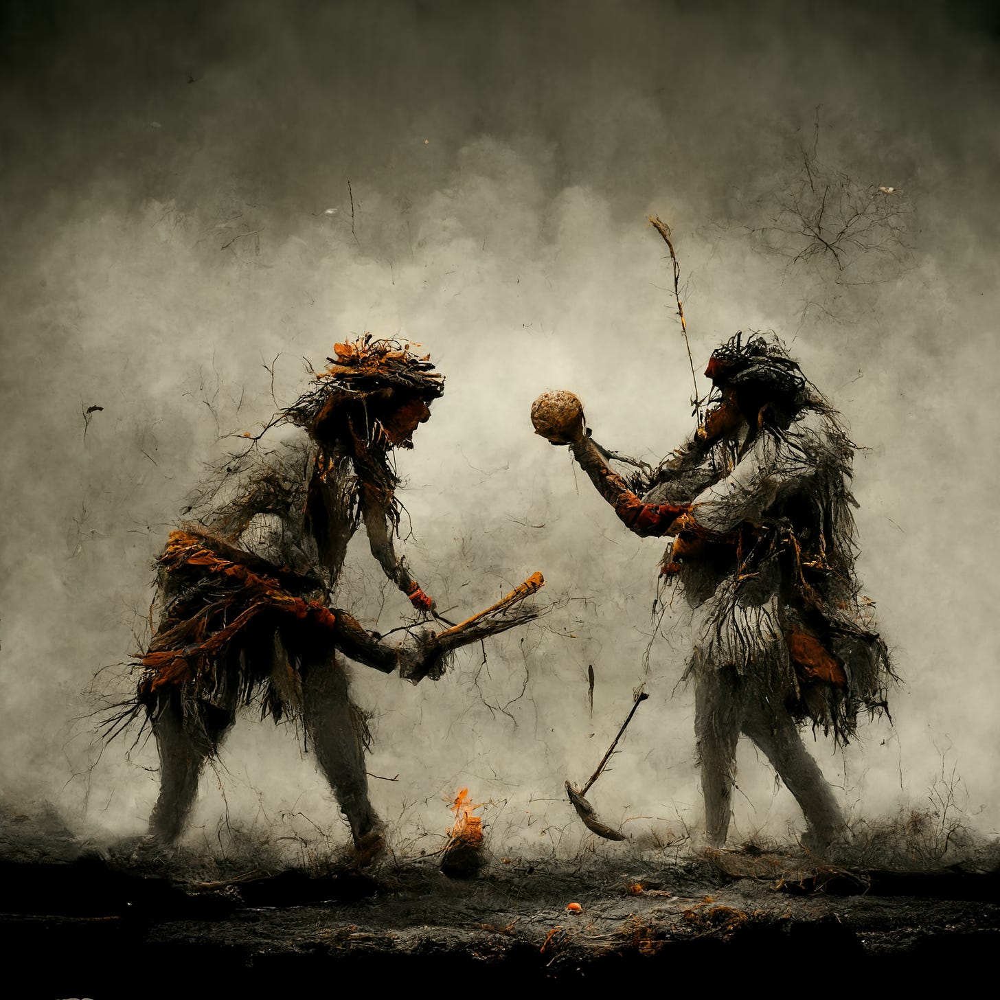 My AI-generated image of two cavemen fighting with sticks and stones