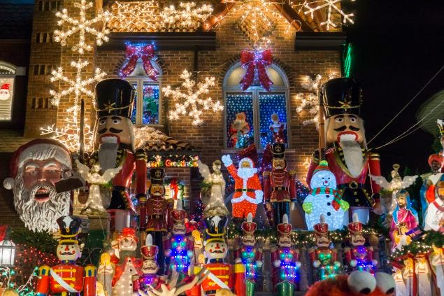 Crowds of tourists and even New Yorkers descend on the Dyker Heights neighborhood of Brooklyn in New York to view the extravagant display of Christmas lights on residents' homes.