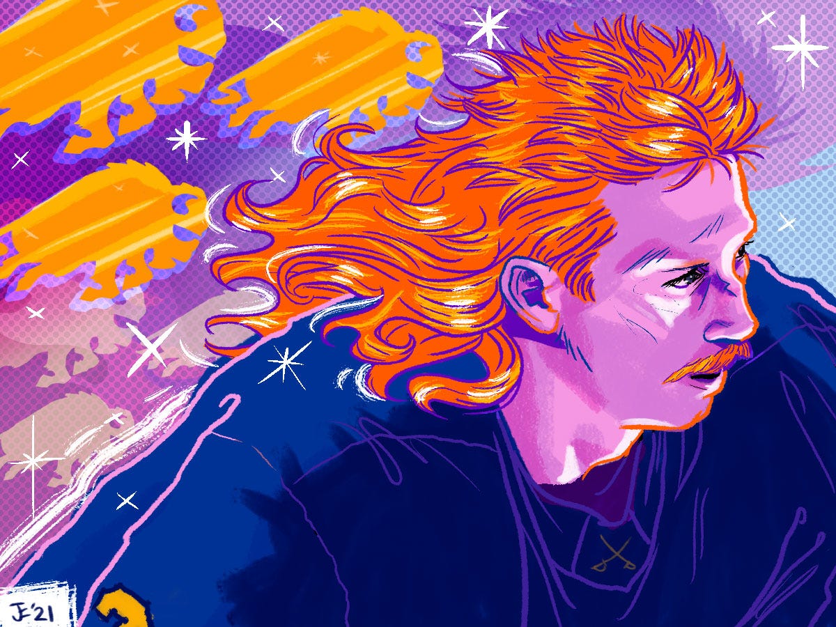 Digital artwork of Cody Eakin without a helmet in a blue Sabres uniform with his red-orange hair flowing in the wind. In the background gold and white stampeding buffaloes and stars sparkle.