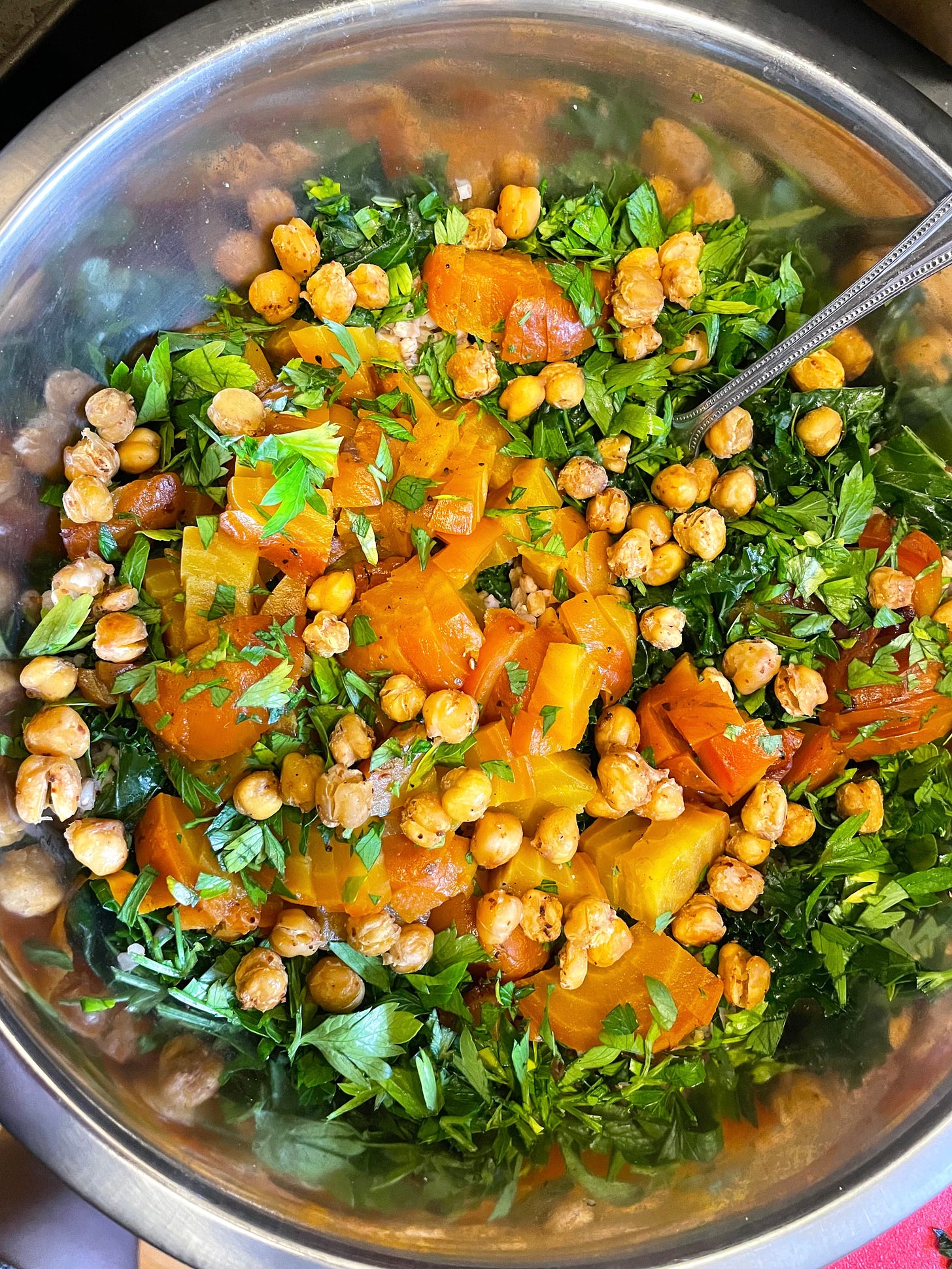 bowl of golden beets, chickpeas, kale, parsley
