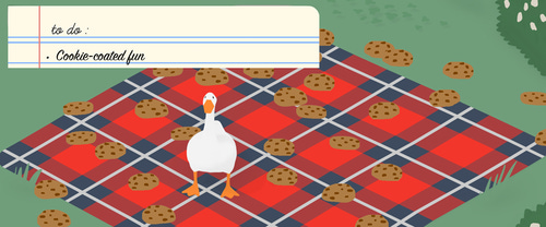 to do: cookie-coated fun. goose is standing on a picnic blanket surrounded by chocolate chip cookies