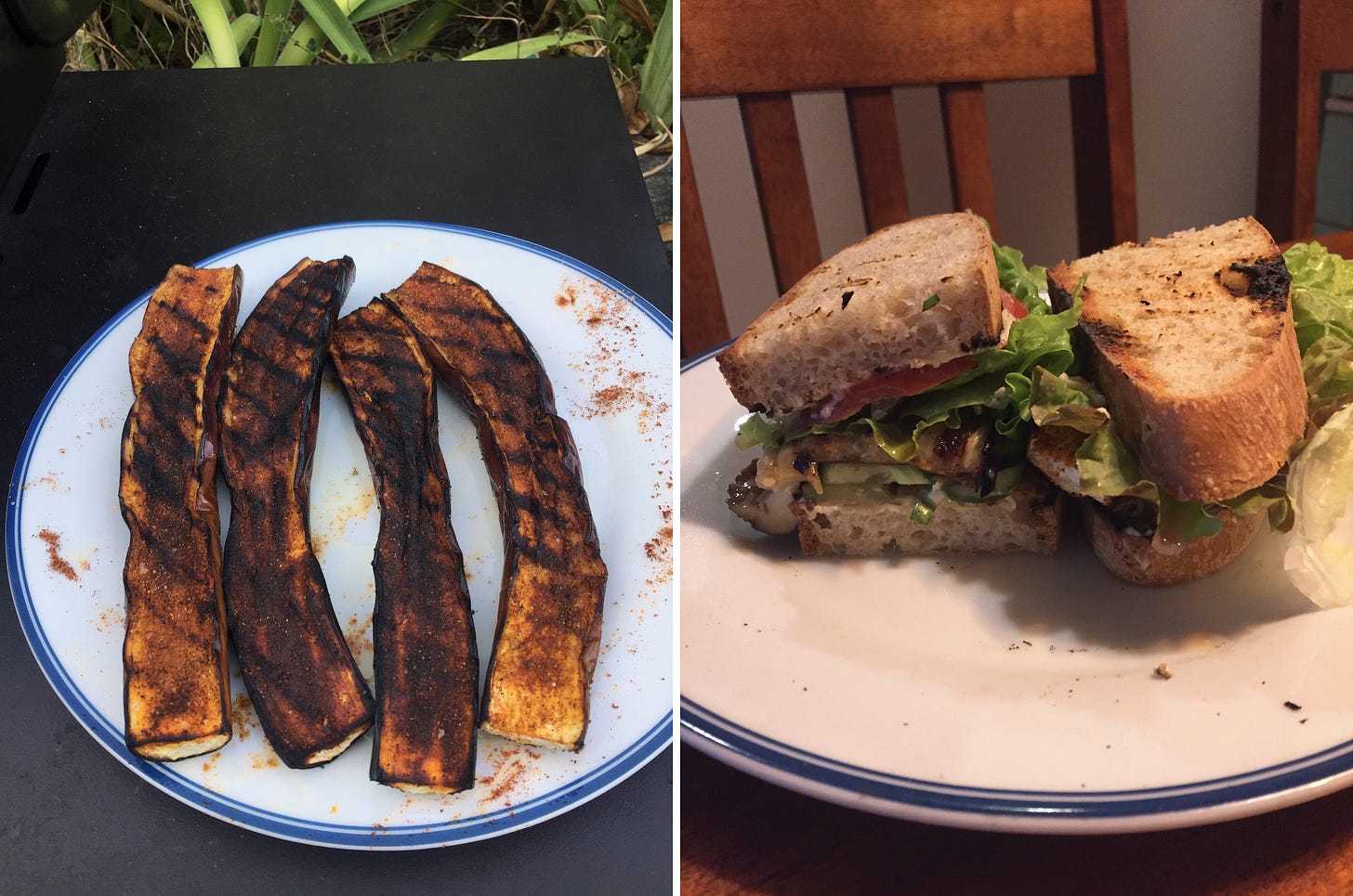 Left image: a plate with four skinny grilled eggplant halves, heavily seasoned with smoked paprika and chili powder. Right image: A sandwich with the eggplant, pickles, and vegetables on pieces of grilled sourdough.