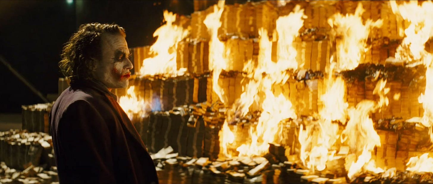 In The Dark Knight(2008) Joker burns a pile of cash, which is illegal in  the US. This little detail implies that Joker might be a bad person. :  shittymoviedetails
