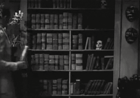 a man disappearing behind a secret door in a bookcase