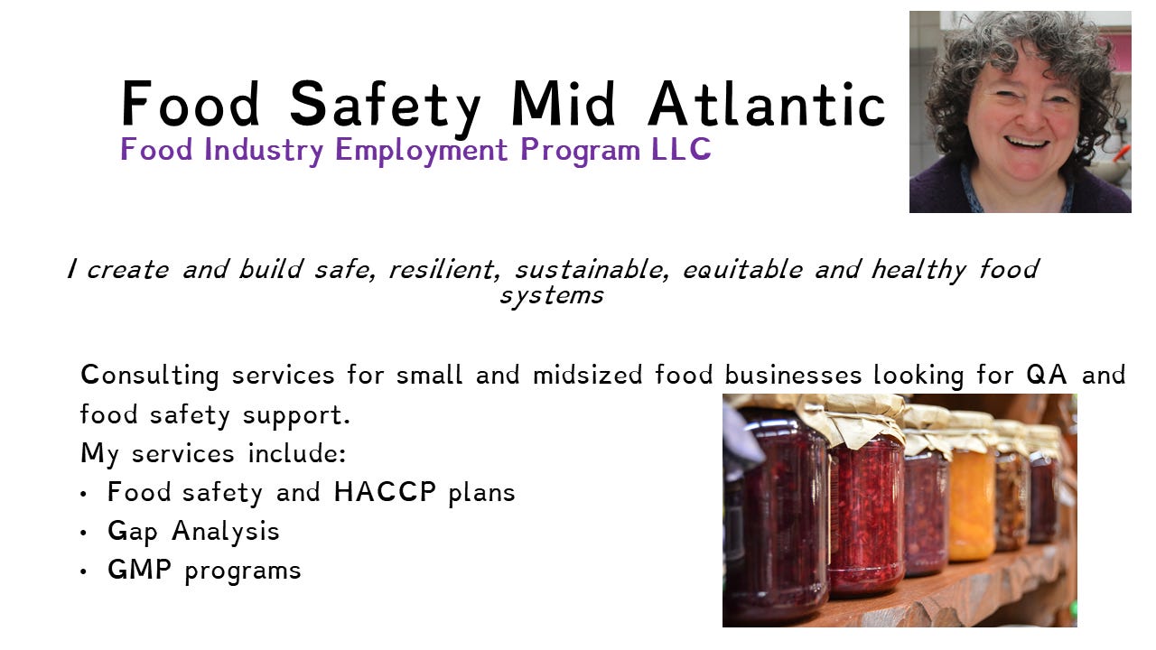 Image sharing the services offered by Food Safety Mid Atlantic, which include food safety and HACCP plans, GMP programs, Gap Analysis and food safety coaching.