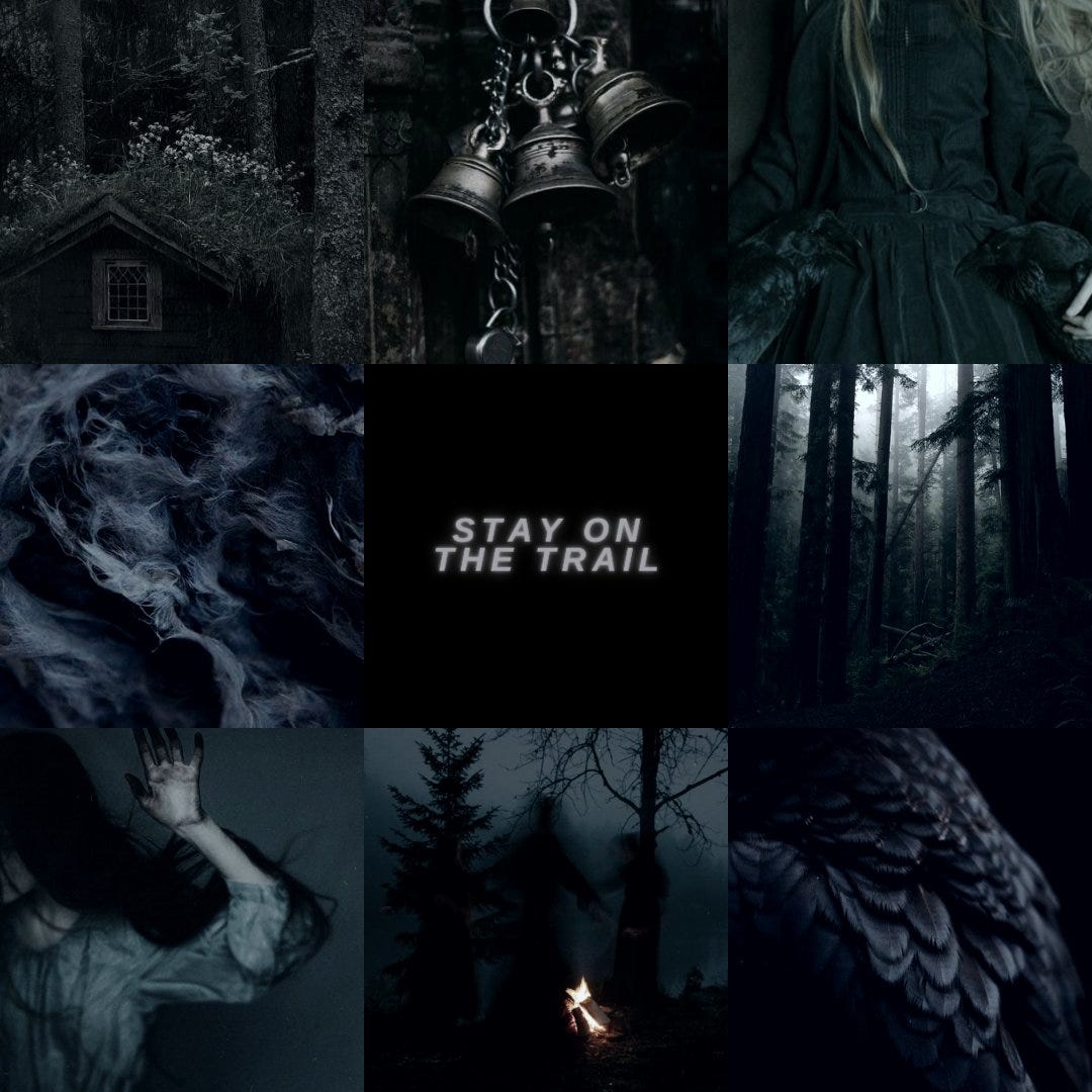 3x3 aesthetic in blue, black, and dark green tones. From L to R an overgrown house, wildflowers coming from the roof; a trio of silver bells against wood; the torso of a girl in a black dress, blonde hair hanging down, hands clutching two crows; tousled wool; a square that reads "STAY ON THE TRAIL"; a dark and foggy forest from mid-height; a woman, her face off camera, raising a hand, her dark hair flowing over an ash gray dress; a late night bonfire in a forest with three dark, blurred figures; a crow's back against black.