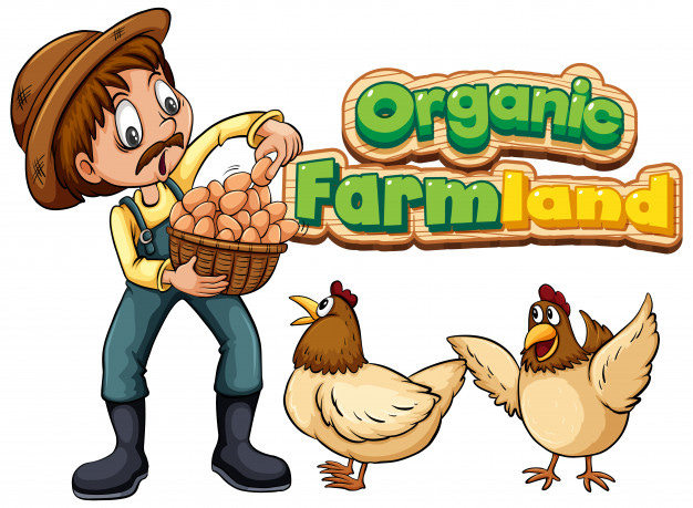 Free Vector | Font for word organic farmland with farmer and chickens