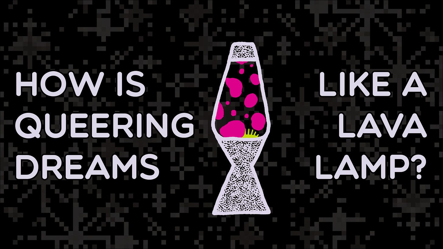 How is Queering Dreams like a lava lamp? With an illustration of a lava lamp. Set agians a pixelated background.