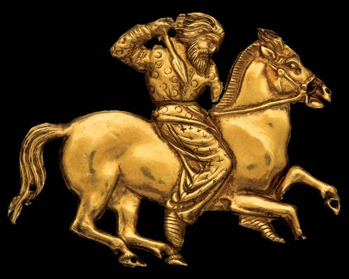Gold plaque of a mounted Scythian. Black Sea region, c. 400–350 BC. © The State Hermitage Museum, St Petersburg, 2017. Photo: V Terebenin.