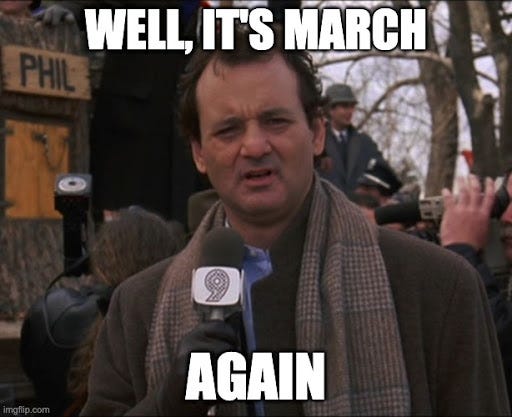 Image is Bill Murray reporting in Groundhog Day, with the meme-formatted text “Well it’s March (top) / Again (bottom)”