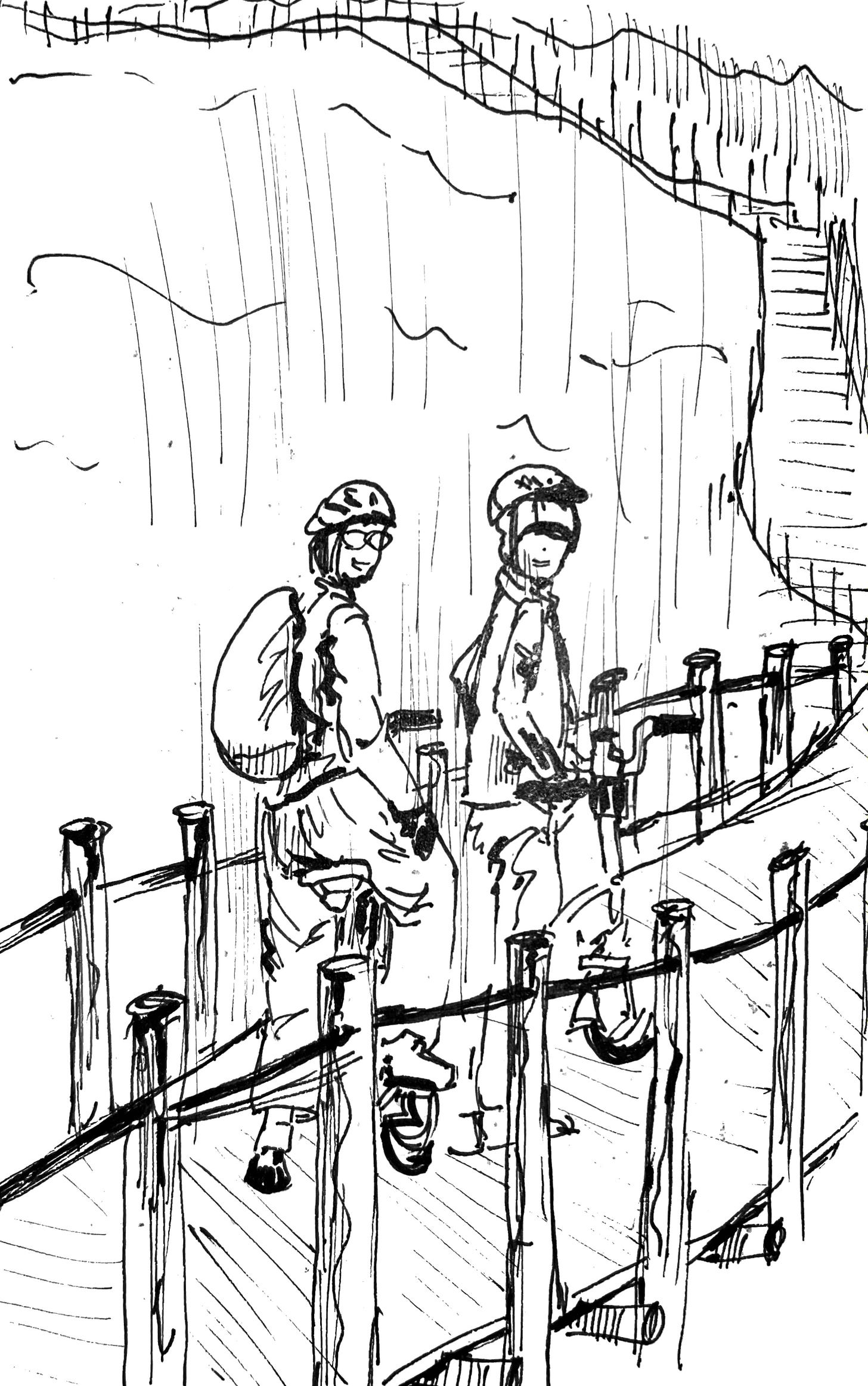 Image: black & white sketch with fine liner pen and brush pen of my husband and I on our bicycles, looking back and smiling at the camera. We were enroute from Porto to Over. Riding along the boardwalk, passing by the Atlantic Ocean on our side. 