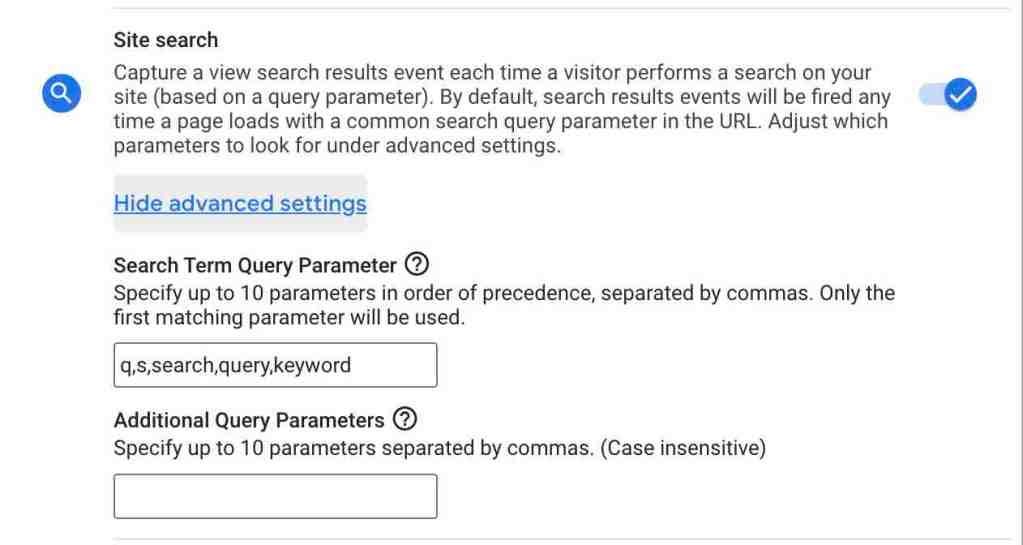 Google Analytics 4 Site Search Advanced Settings