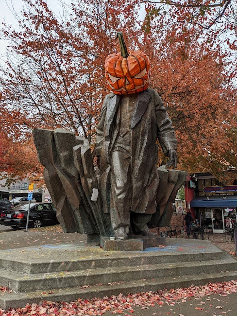 statue of Lenin with a pumpkin head