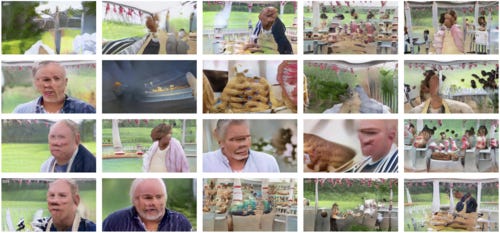 At first glance the 20 photos in this grid look like screenshots from the Great British Bakeoff. But upon slightly closer inspection, the humans all have vague faces (or none at all), and the background makes no geometric sense. Bread floats, or bubbles. The counters are chaotic. The backdrop is nice and green though.