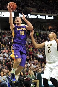 Sam Rowley on the drive against Siena - Courtesy University at Albany Media Relations