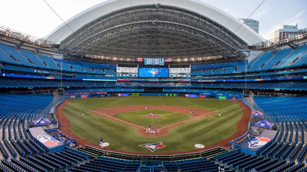 An image of the Rogers Centre from the broadcast booth, behind home plate, showing the gentle gradation of seats in the 100 level
