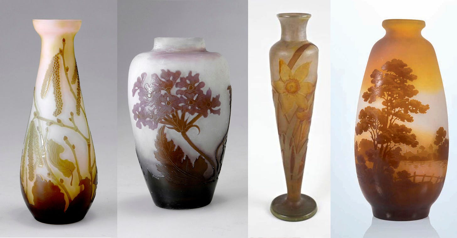 A sample of vases from 1906-1908 : catkins, primula, daffodil, landscape.