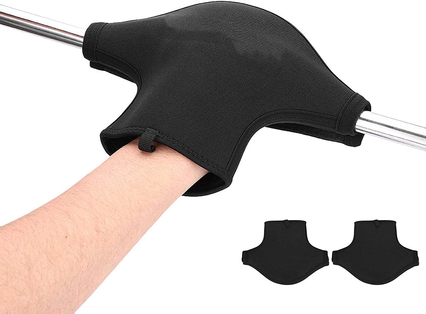 A product photo of a kayak paddle pogie in use. It is shaped like a neoprene hammerhead shark that you stick your hand into.