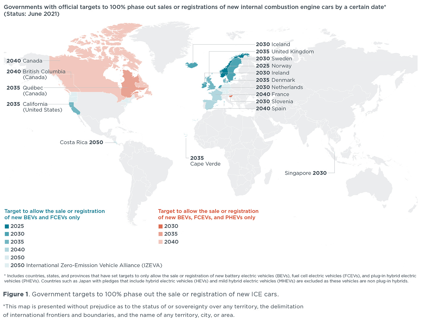 Map showing countries which have committed to phasing out the sale of internal combustion engined cars