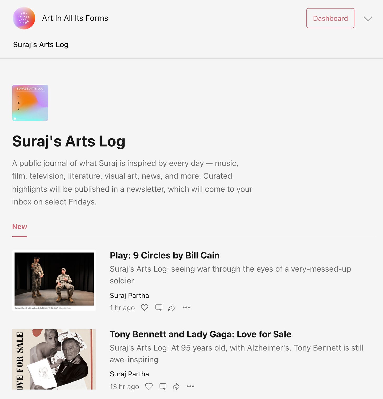 A screen shot of "Suraj's Arts Log," a new section of the AIAIF website