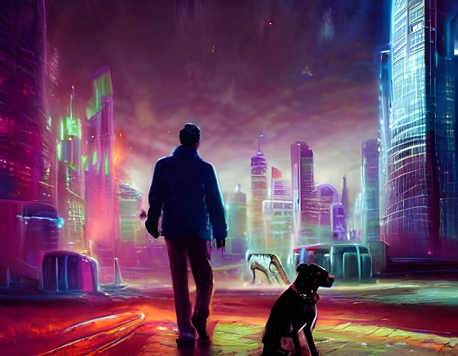 AI-generated painting of a man and dog standing in a futuristic city