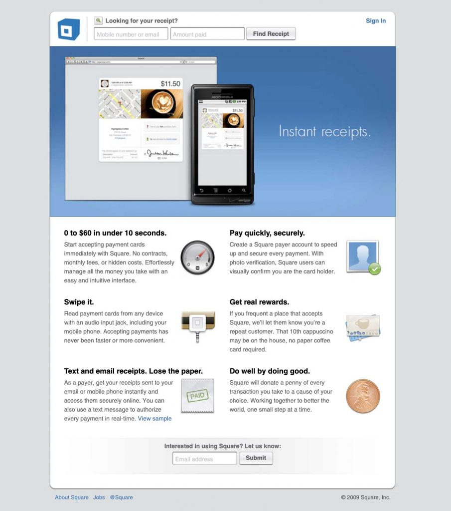 Square's website in 2009