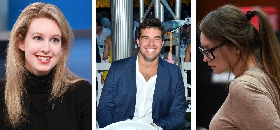 From left to right: Elizabeth Holmes, Billy McFarland and Anna Delvey. (Getty Images.)
