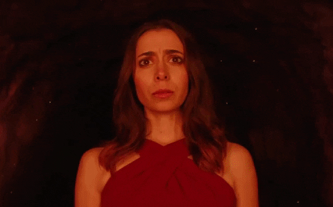 Cristin Milioti in Palm Springs in a cave saying "What the F**k"