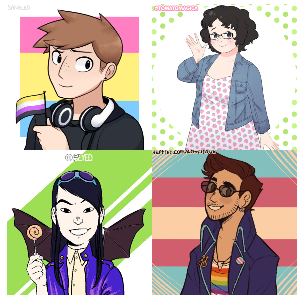 Four cartoon chracters in a square image. Created with picrew, these images show the four character of Gendervexed. Top left is Taryn, a white genderqueer person with freckles and light brown hair. Top right is Maeko, a half Japanese, half white Canadian with wavy black hair. Bottom left is Kasumi, a Japanese-Canadian with long straight black hair and a funky style of dress. Bottom right is Joshua, a white trans guy with thick brown hair and a very flamoyantly gay look. 