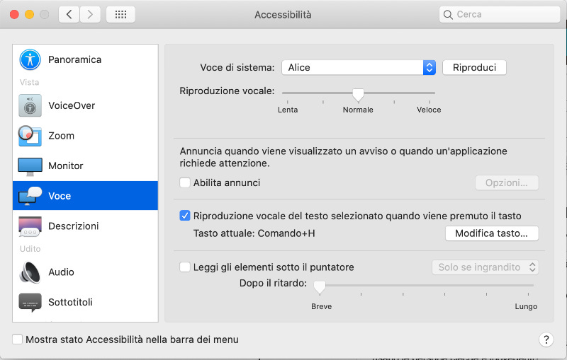 Schermata delle Preferenze di Sistema del Mac per scegliere la riproduzione vocale dei testi