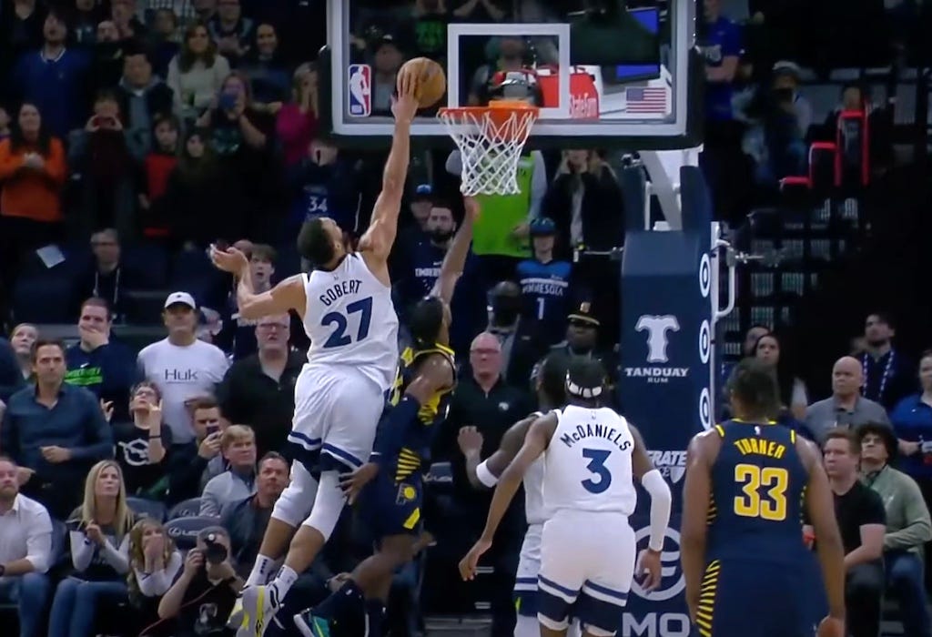 Rudy Gobert swats Buddy Hield’s go-ahead layup attempt with 11.4 seconds left.