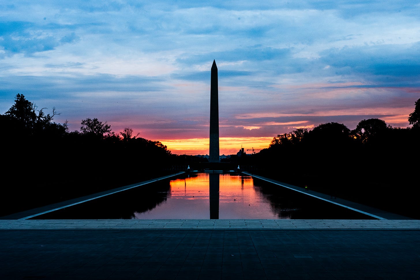 Early morning look at the Washington Monument from the Lincoln Memorial, Labor Day weekend 2021; photo by Nancy Scola