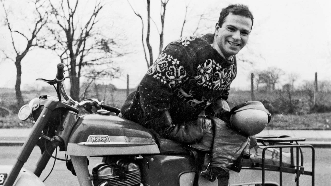 Dr. Oliver Sacks, in a fetching fair isle sweater on his cafe racer, being extremely handsome. 