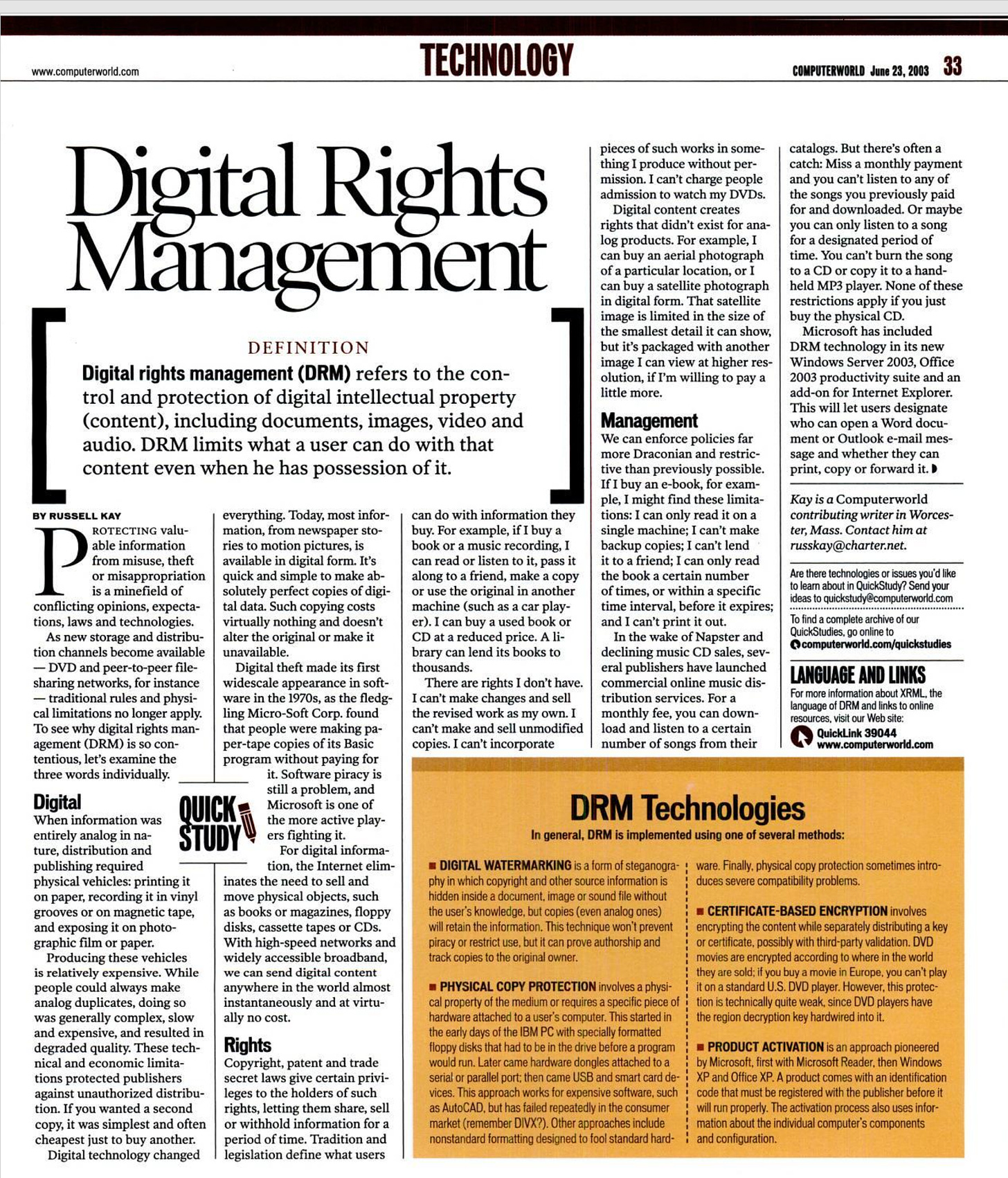Full scanned page of an article on the broad topic of Digital Rights Management