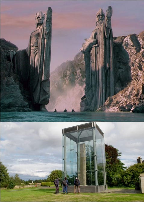 Above, Aragorn, Sam and Frodo approach the Argonath in the 2001 film The Fellowship of the Ring. Below, Monty Panesar, Laurence Llewelyn Bowen and Nick Hewer contemplate Sueno’s Stone in the BBC series Pilgrimage