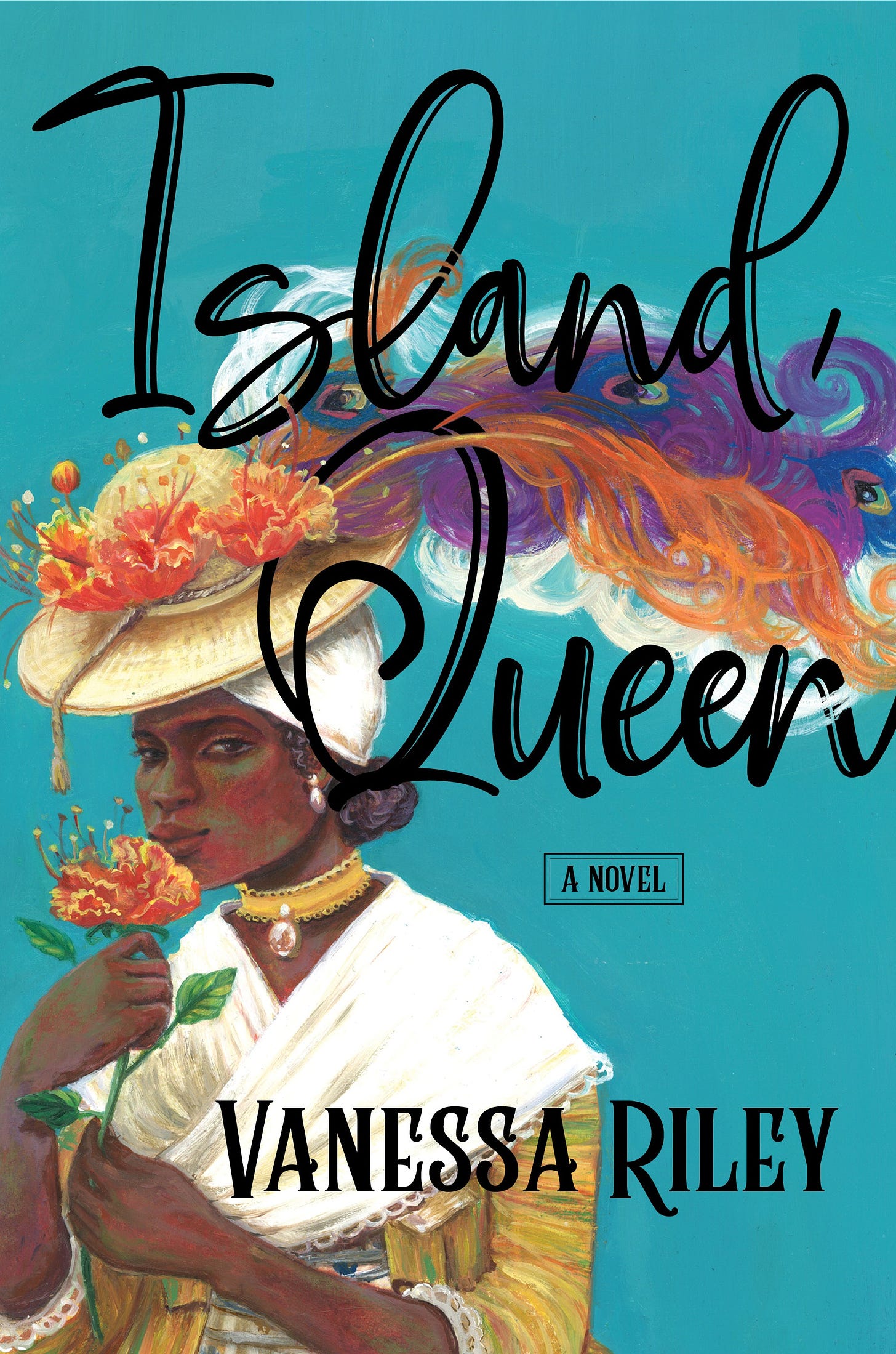 The cover of the book 'Island Queen' by Vanessa Riley, featuring a drawing of a Black Regency lady in a white gown, a gold jeweled choker necklace, and an elaborate turban and feathered hat - depicting the entrepreneur Dorothy Kirwan Thomas whose life inspires this story by Vanessa Riley.