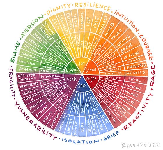 A color-coded Emotion Wheel made by abby vanmuijen